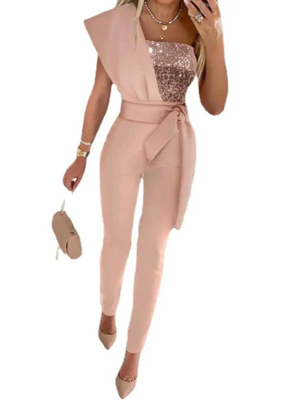 NWT New HARPER & LANE SAVANNAH - ONE SHOULDER JUMPSUIT pink Small sequin